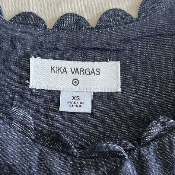 Kika Vargas x Target Puff Sleeve Peplum Top XS Navy Chambray Scalloped Neckline - Picture 2 of 10